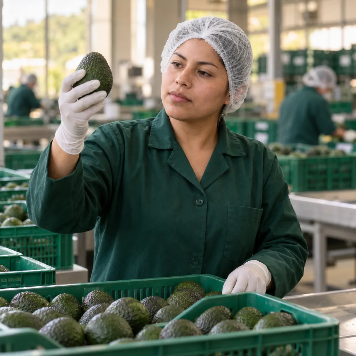 Inspección visual de una palta Hass en una planta de selección de fruta