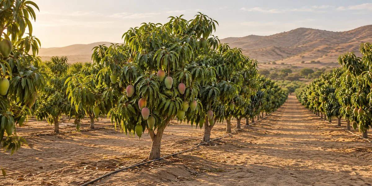 Cultivo de mangos con riego por goteo, inspirado en el paisaje del norte peruano
